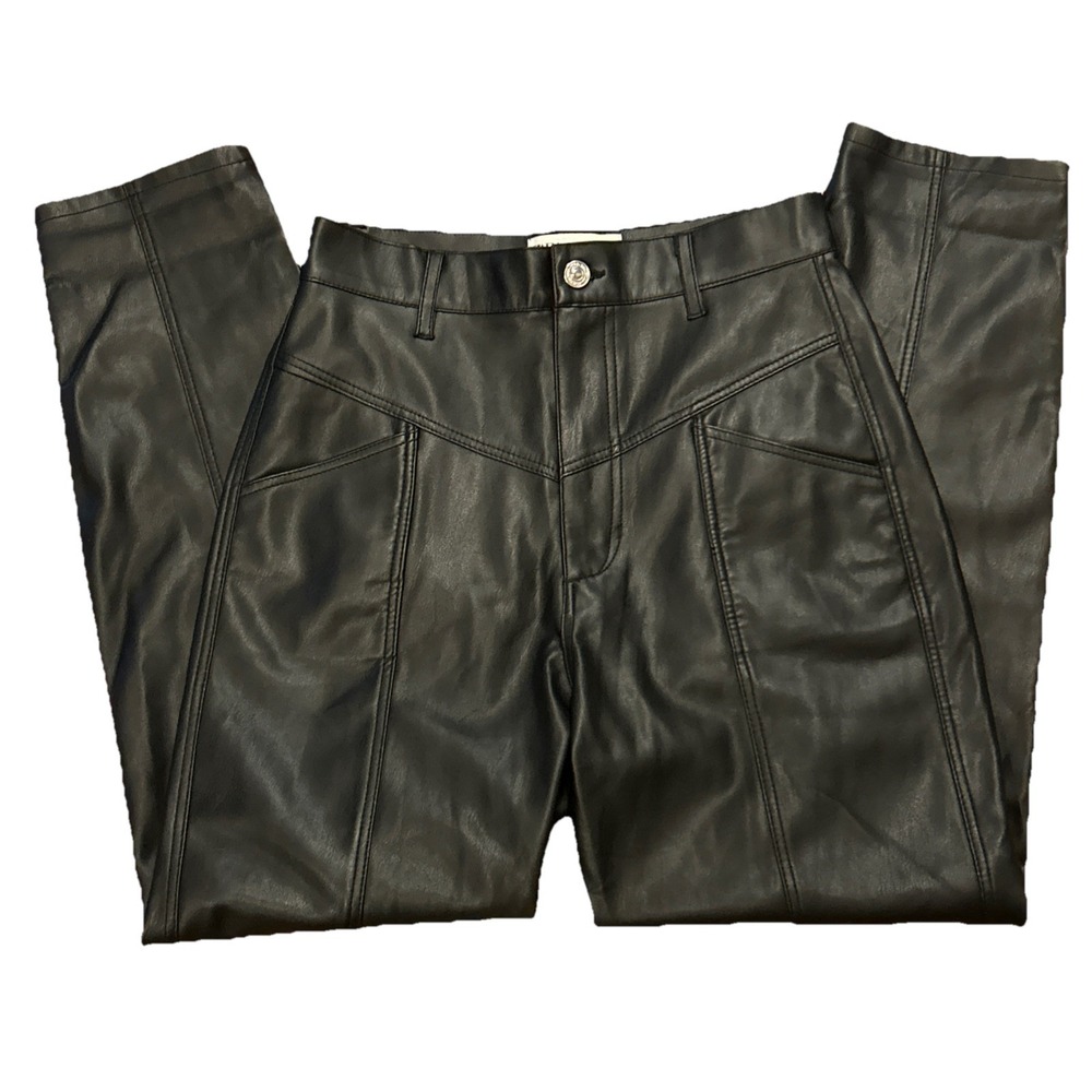 Zara Vegan Faux Leather Baggy Leg High Rise Pants Sz 2 Black Pleats Moto‎ Goth